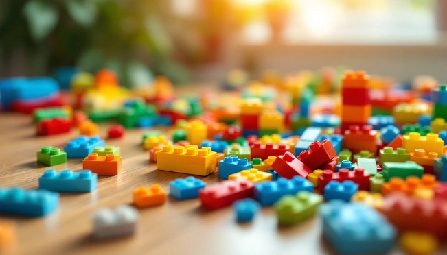 Colorful building blocks and toys scattered across wooden floor in typical kid clutter chaos