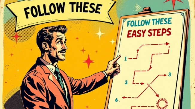 Vintage-style illustration of a man pointing to a confusing step-by-step diagram, representing how organizing instructions often promise simplicity but deliver something far more complicated