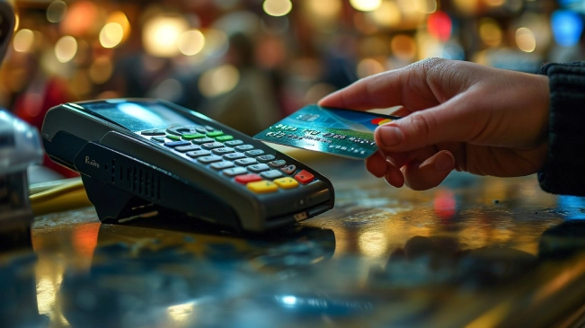 Person holding a credit card at a payment terminal, representing the purchasing decisions that better information can make more intentional