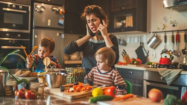Mother on phone cooking in chaotic kitchen while managing two children with scattered vegetables