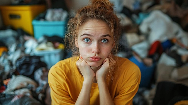 Overwhelmed woman sitting in front of huge pile of clothes representing organizing frustration