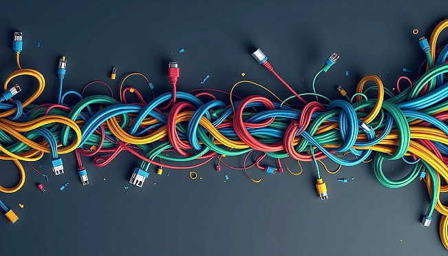 Tangled colorful cables and cords representing digital connectivity chaos and technology overwhelm