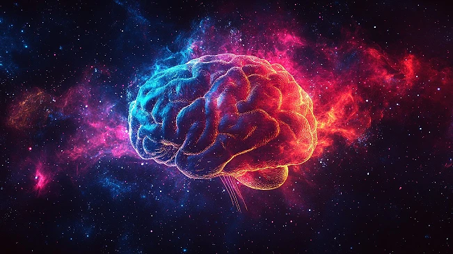 Illuminated brain with blue and orange neural pathways against cosmic background representing different mental states and cognitive processing
