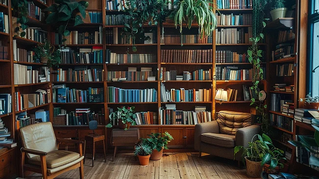 Warm, well-used home library with floor-to-ceiling bookshelves, plants, two reading chairs, representing the kind of accumulated collection where aspirational books can quietly disappear for decades.