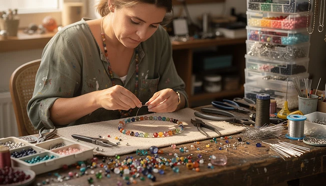woman sitting at a crafting table cluttered with beads, tools, and supplies making jewelry 