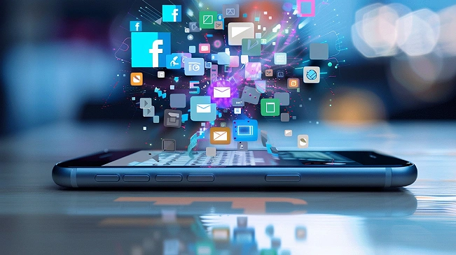 Smartphone with app icons and notifications bursting from screen representing digital overwhelm