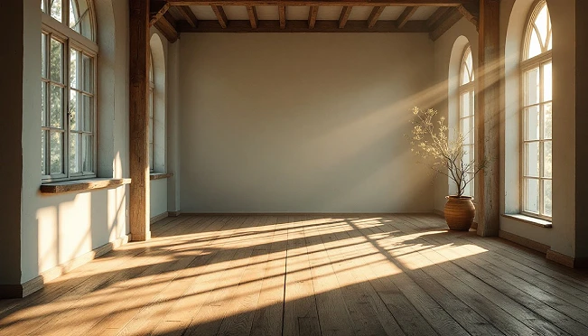 Sunlit empty room with wood floors and arched windows, representing the cleared space that reverse decluttering promises and the decisions still waiting to be made about what returns