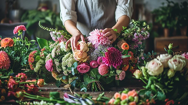 Hands arranging a large colorful bouquet surrounded by loose flowers on a worktable, representing the kind of creative project that can quickly feel overwhelming without a system to work through it