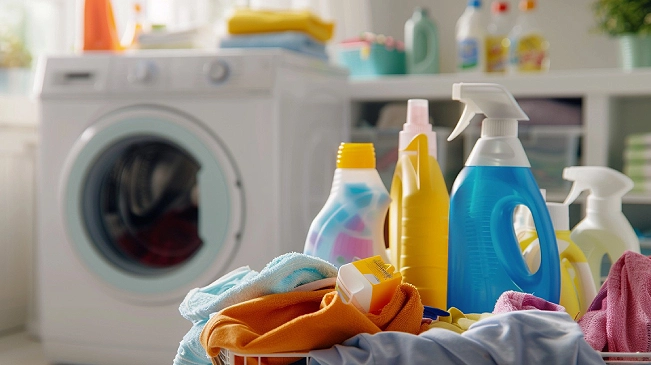 A laundry basket filled with colorful towels and cleaning supplies in front of a washing machine, representing a functional laundry space that works for the people who use it