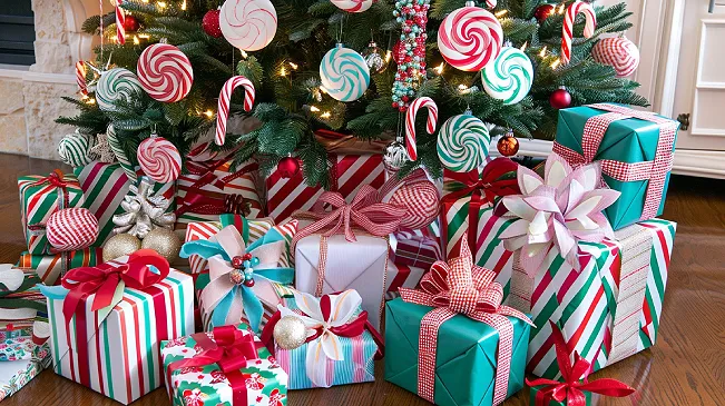 Christmas tree with peppermint ornaments surrounded by large pile of wrapped gifts in festive colors
