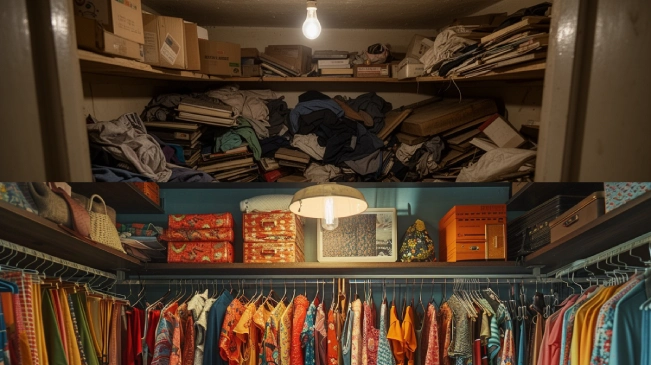 a split screen displaying a messy, cluttered closet before showing the same space cleaned and organized