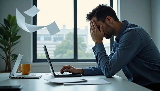 Stressed man at desk with head in hands as papers fly away representing work overwhelm