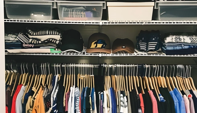 Organized closet with clothes sorted on hangers and folded sweaters arranged on upper shelf