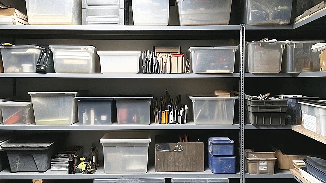 Storage shelves lined with plastic bins and containers, illustrating how the problem often isn't a lack of storage — it's what's already in the bins