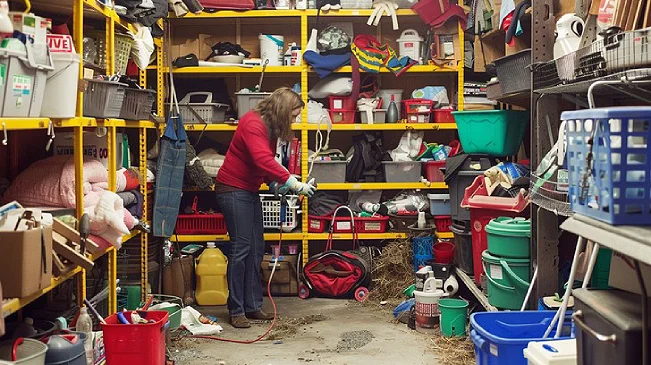 woman standing in garage decluttering, cleaning, and organizing shelves, boxes, and tools