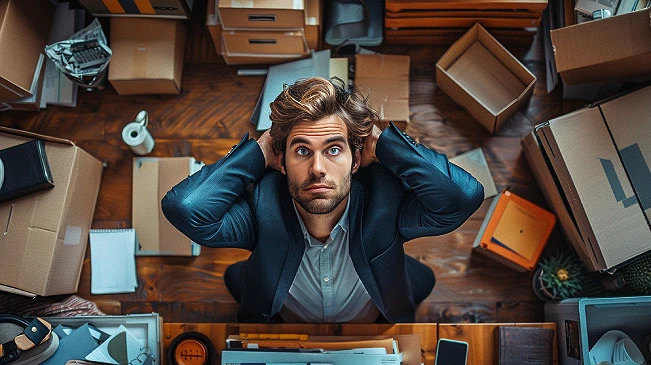 Overhead view of a man surrounded by boxes and clutter with hands on his head, representing the overwhelm of deciding what to keep and what to let go when decluttering