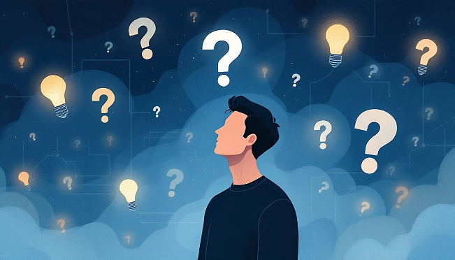 animated man looking up at a blue sky background full of question marks thinking of answers