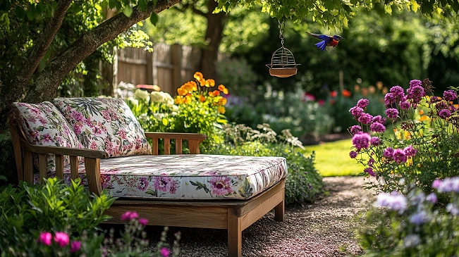 Peaceful garden seating area surrounded by blooming flowers, representing the calm that comes from having an organized, intentional living space