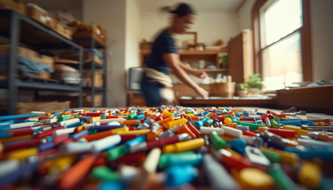 Colorful craft supplies and markers spread across a floor in sharp focus, with a person moving quickly in the background sorting items, representing the energy of clearing a space fast