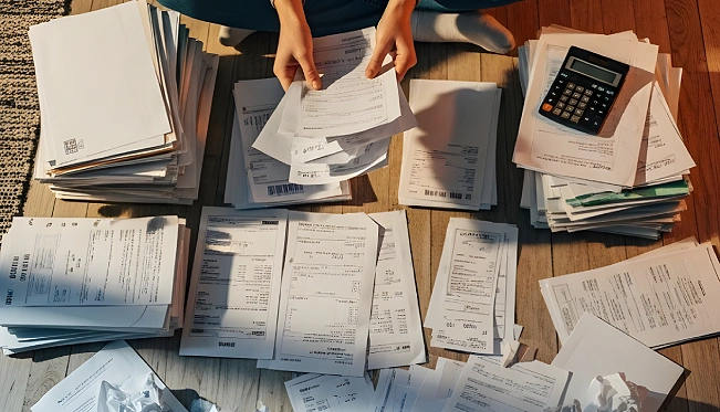 Overhead view of desk covered with unsorted bills, receipts, and papers being organized by hand