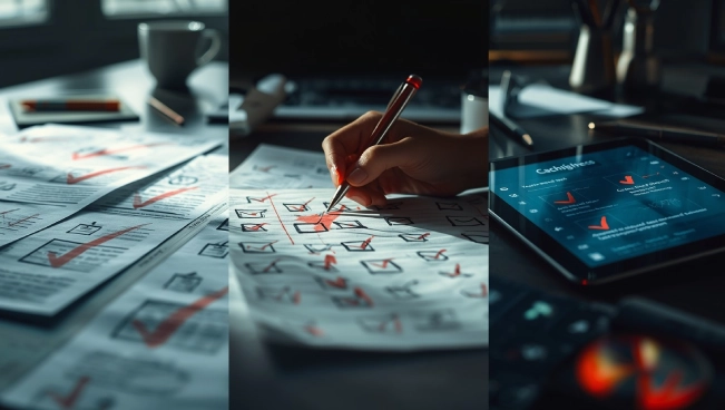 Person checking boxes on a paper to-do list with red marker next to a digital task management app on tablet