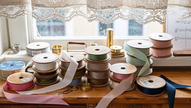 Multiple spools of ribbon in various colors spread across a wooden table, representing the kind of subcategory decisions that sort themselves out through the drill-down process rather than all at once